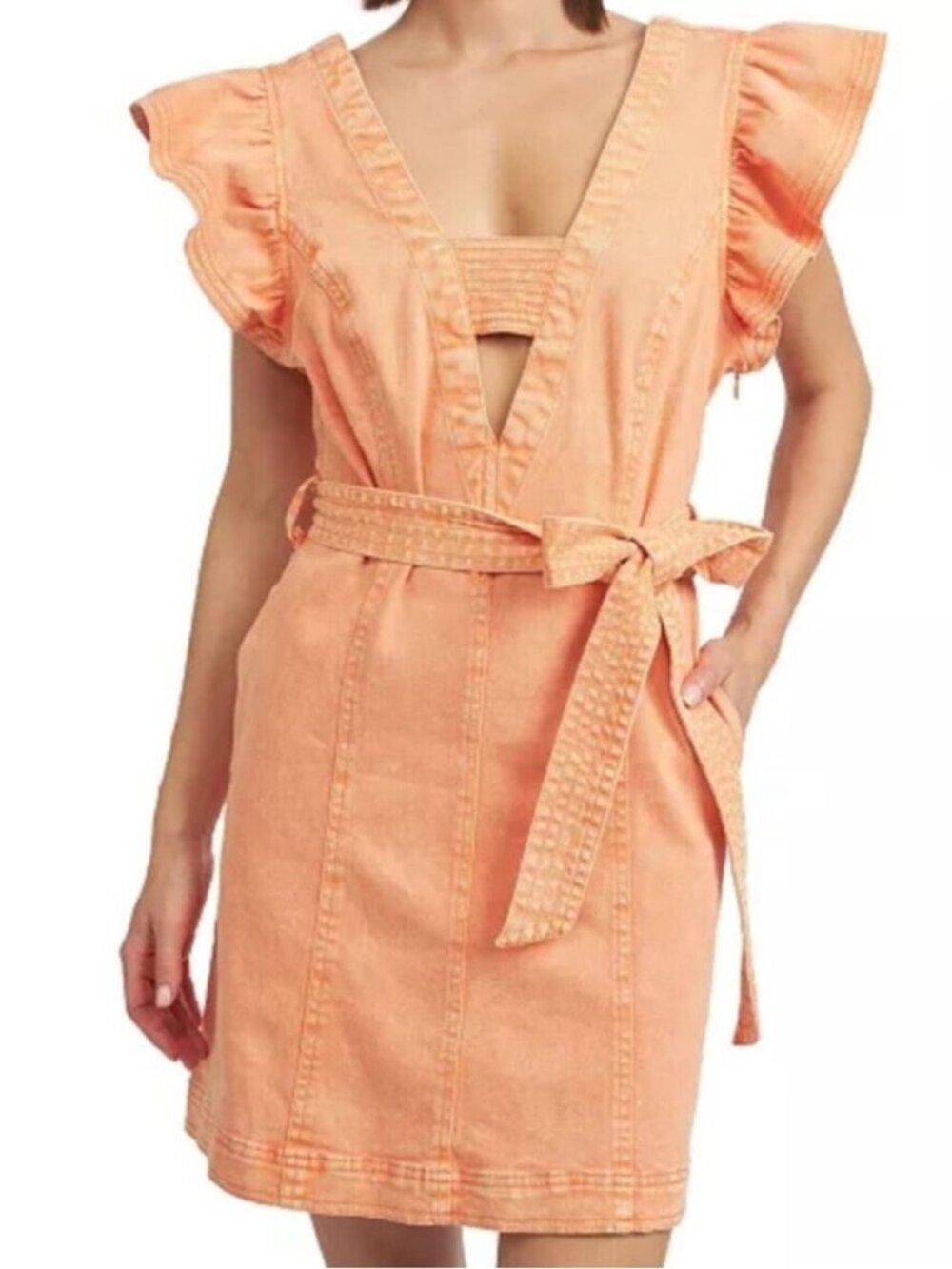 En Saison Coral Denim Belted Mini Dress Ruffle Sleeve Size L